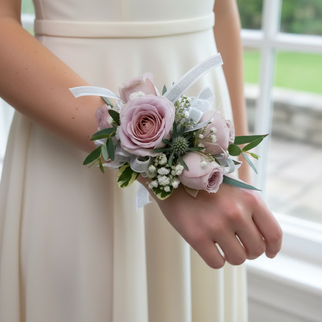 Mauve Wrist Corsage with White & Silver Ribbon