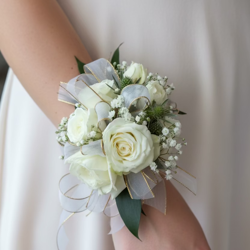 White Spray Rose Corsage with White/Gold Sheer Ribbon