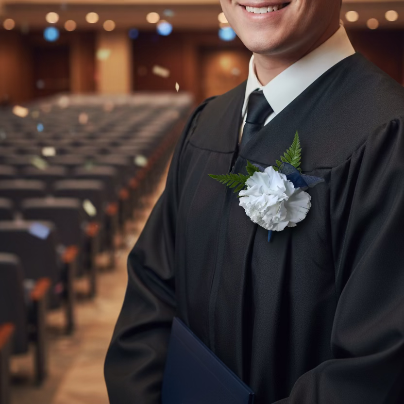 White Carnation Boutonnière with Navy Blue Sheer Ribbon