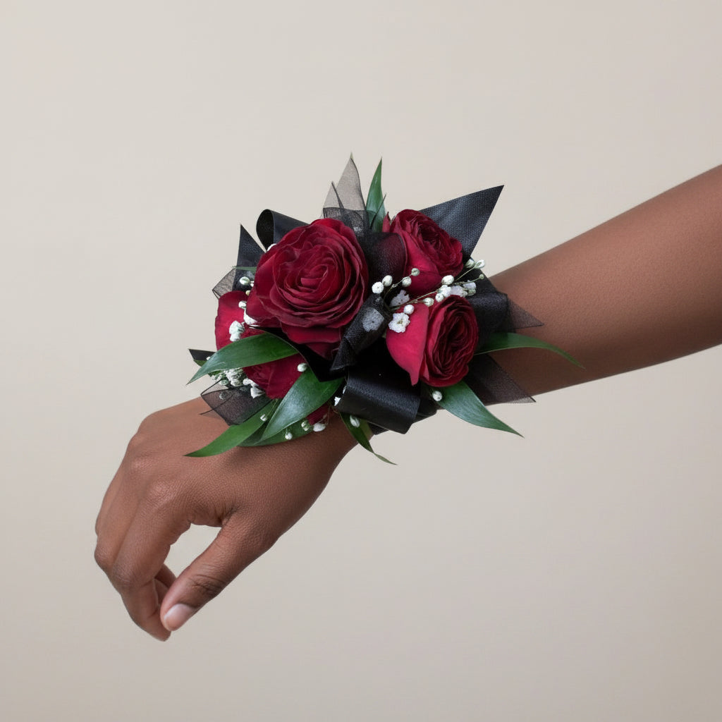 Red Wrist Corsage with Black Sheer Ribbon