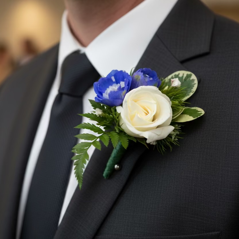 White Spray Rose Boutonierre with Royal Blue Ribbon