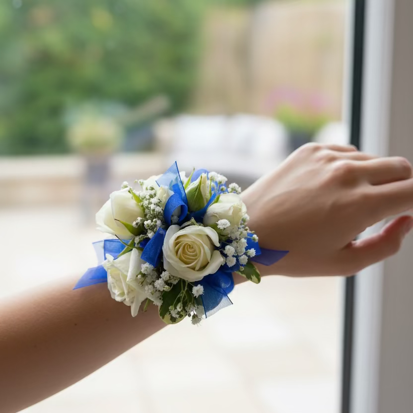 White Spray Rose Corsage Royal Blue Ribbon