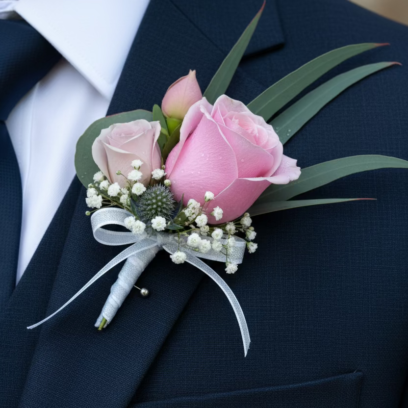 Mauve & Pink Boutonniere with White & Silver Ribbon