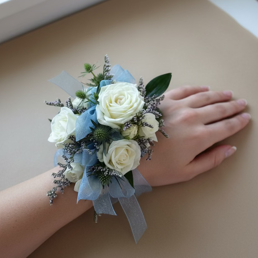 White Spray Rose Corsage with Light Blue Sheer Ribbon