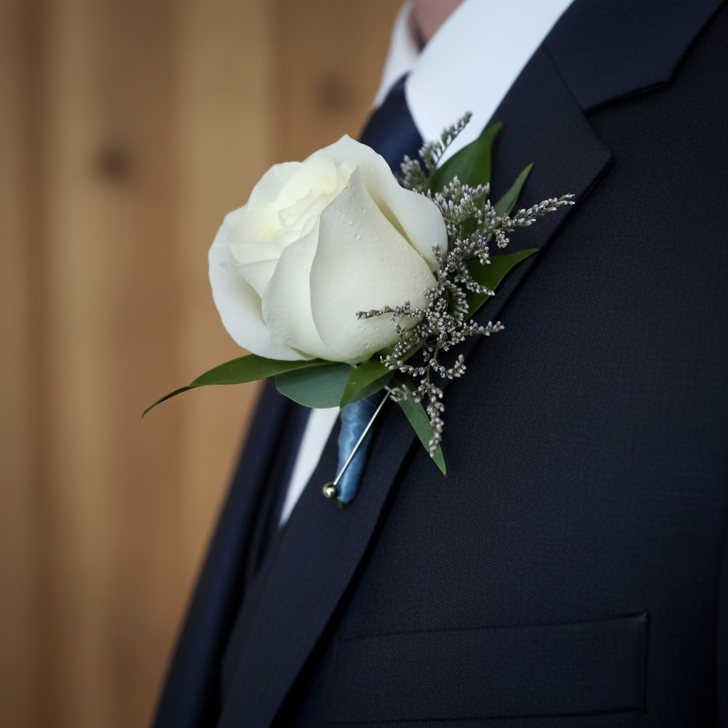 White Rose Boutonnière with Light Blue Sheer Ribbon