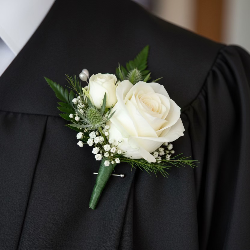 White rose boutonniere on a black suit jacket
