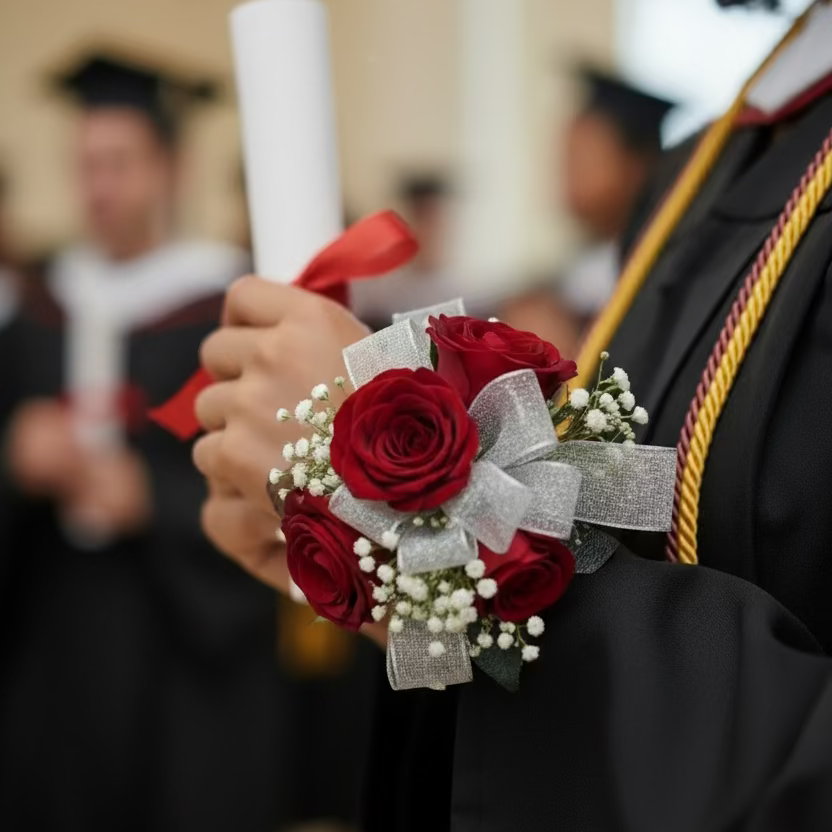 Red Rose Corsage with White Sheer Ribbon